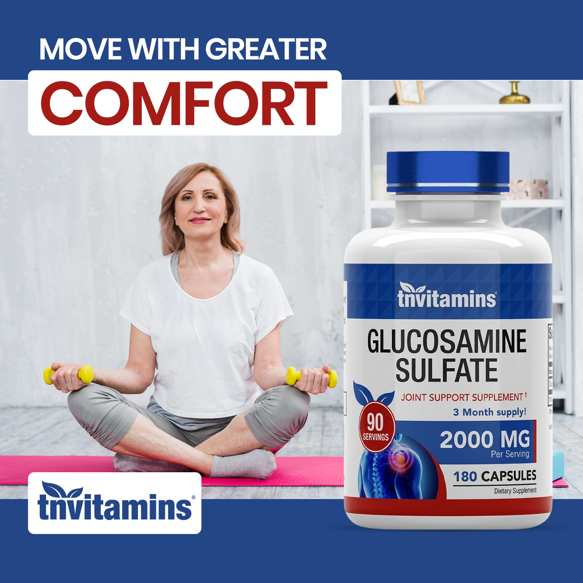 Glucosamine Sulfate Capsules 2000 MG (180 Count) | Joint Support* Supplement for Women & Men | Produced in The USA | Promotes Flexibility & Mobility* | by TNVitamins