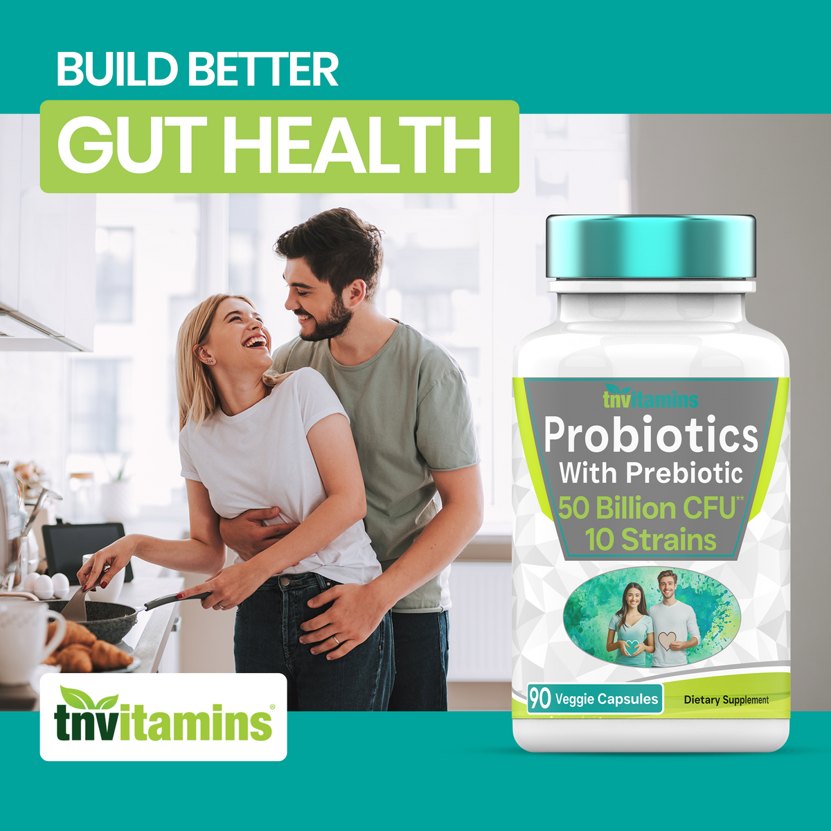 Probiotics with Prebiotic: 50 Billion CFU - 10 Strain - 90 Vegetarian Capsules | with Acidophilus Probiotic for Digestive Health, Gut Health, & Immune Support* | for Men & Women