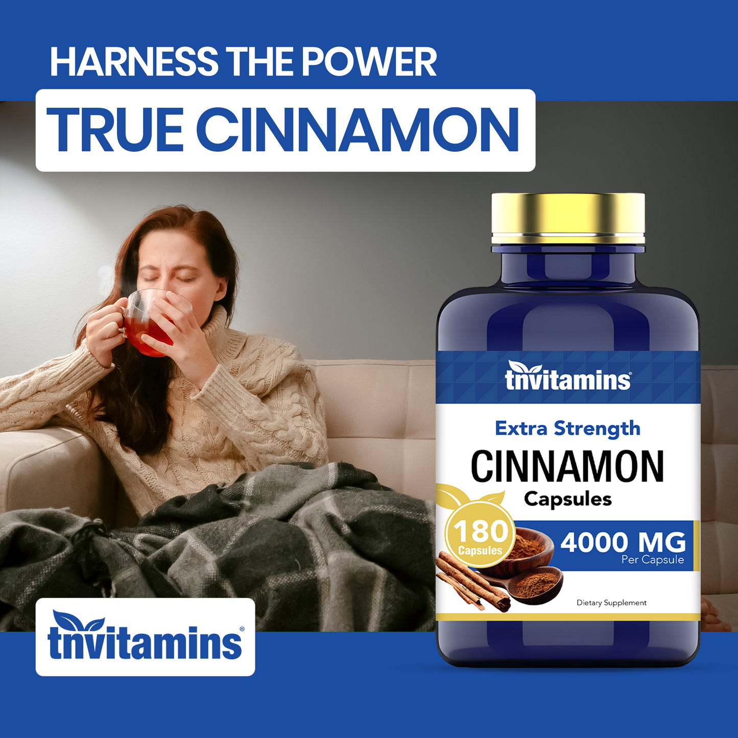 Cinnamon Capsules 4000 MG - 180 Capsules | Ceylon Cinnamon & Cassia Cinnamon Pills | Blood Sugar Support Supplement* | Extra Strength Cinnamon Bark Extract | Cinnamon Complex | by TNVitamins