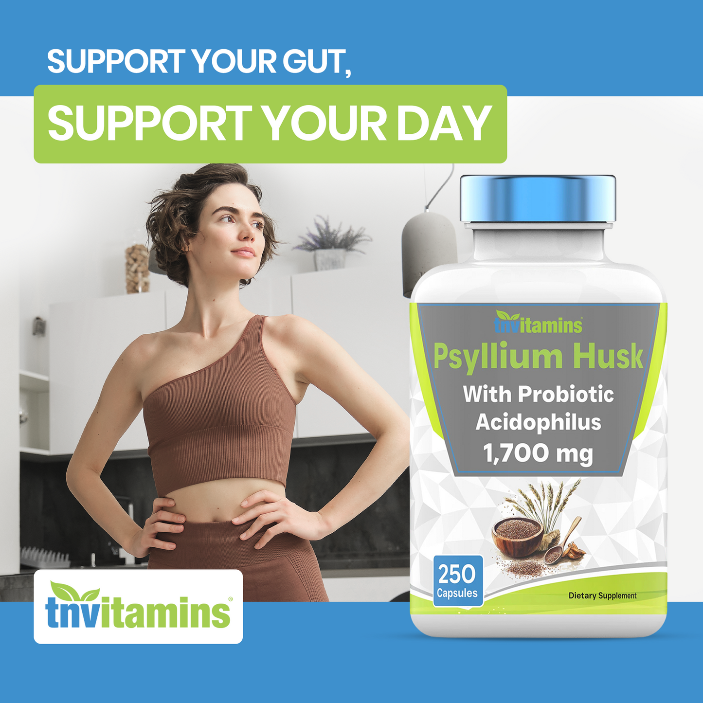 Psyllium Husk Capsules | 1700 MG - 250 Capsules | with Probiotic Acidophilus | Extra Strength Soluble & Dietary Fiber Supplement | Supports Digestive Health | by TNVitamins
