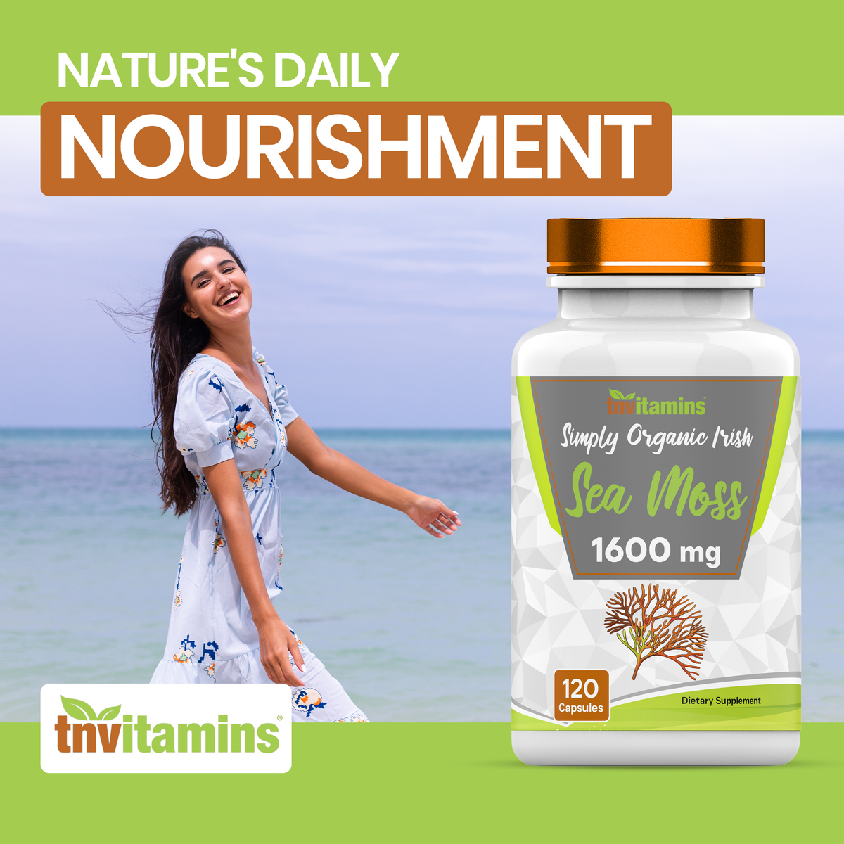 tnvitamins Organic Irish Sea Moss: 1600mg x 120 Capsules | Two Month Supply Simply Organic Sea Moss Powder Capsules are Highly Potent, and Absorbable! | Non-GMO | Made in The USA!