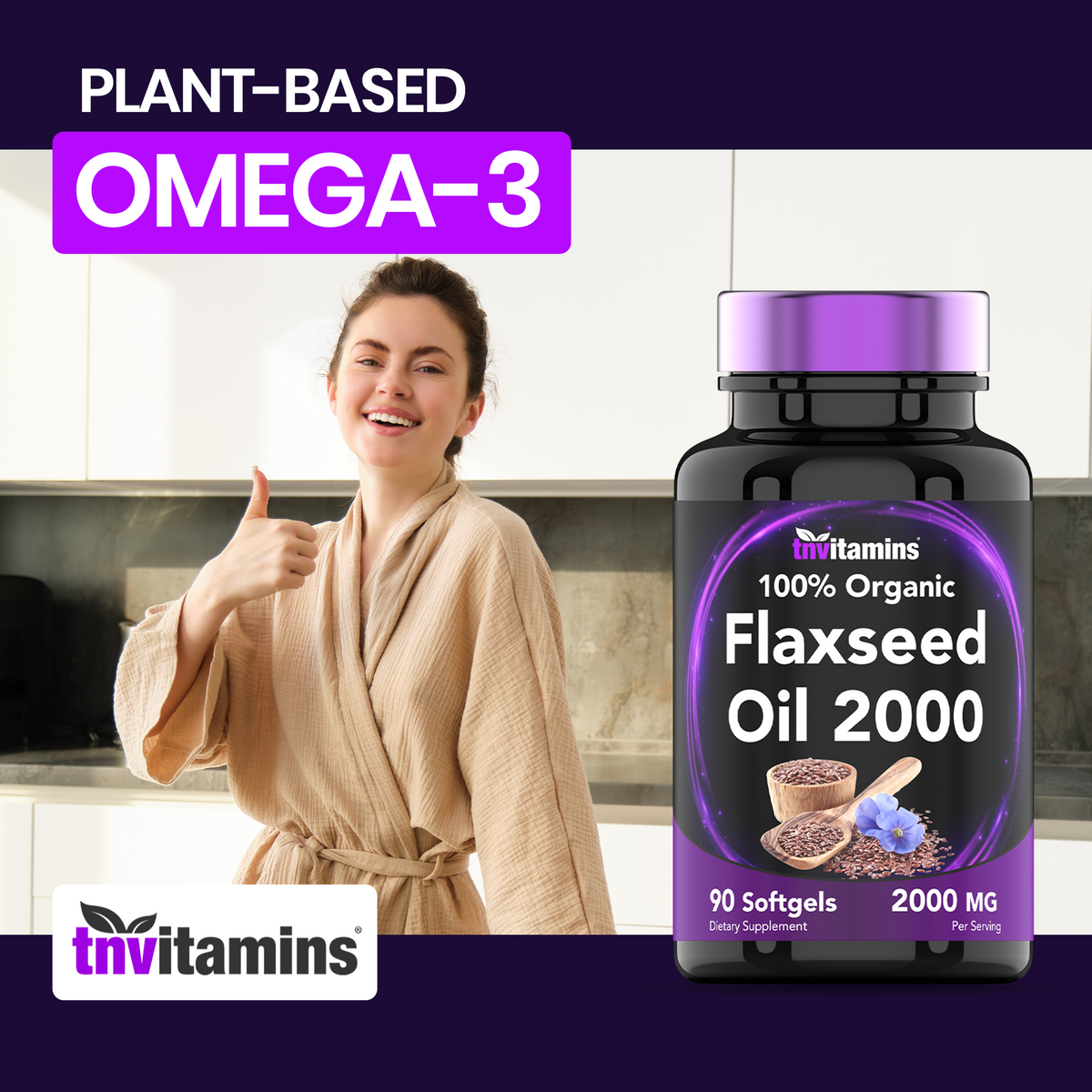 tnvitamins Organic Flaxseed Oil Softgels: 2000 mg  - 90 Softgels | High in Omega-3 Fatty Acids | Flaxseed Oil Supplement for Women & Men | Non-GMO