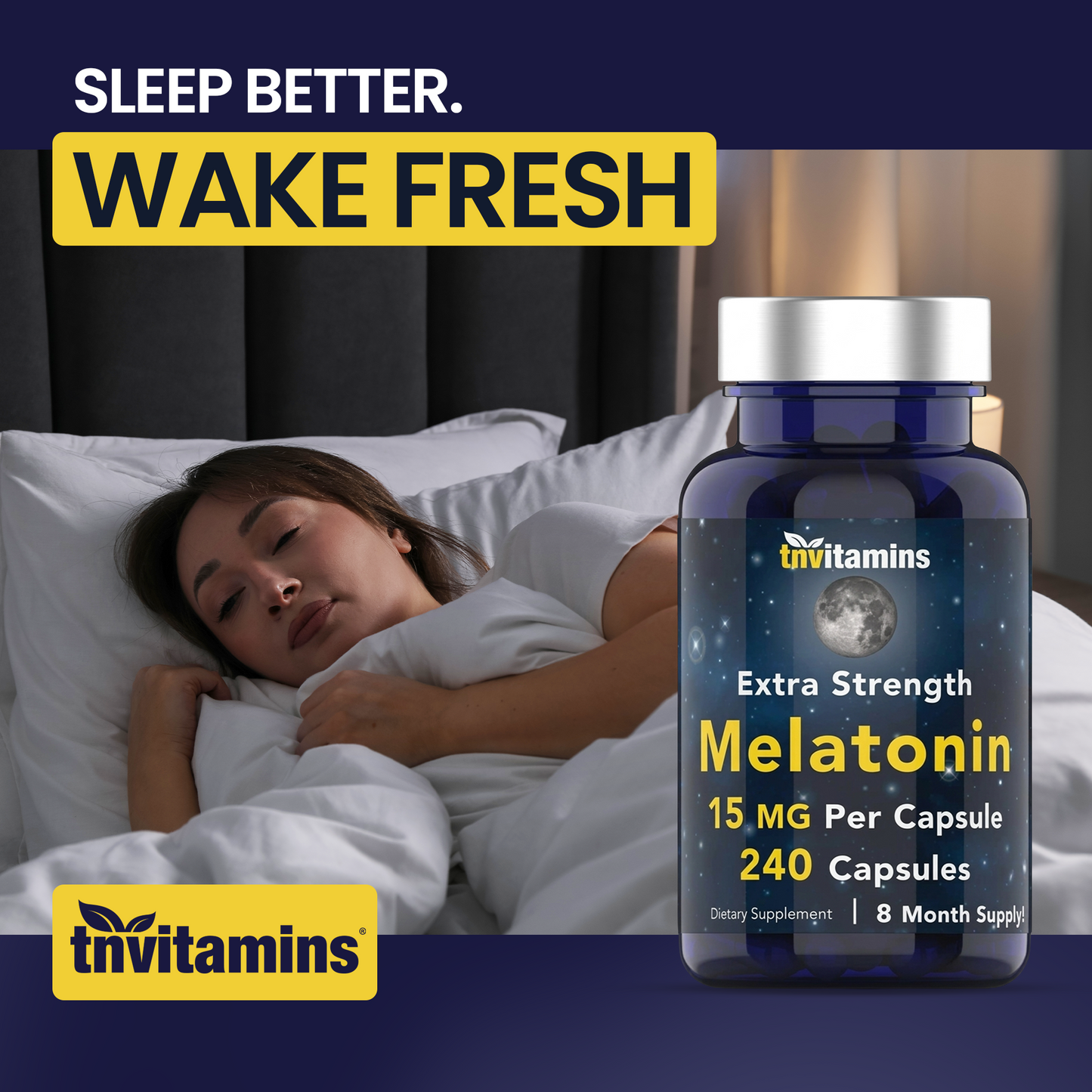tnvitamins Melatonin 15 MG Per Capsule (240 Capsules) | All-Natural Sleeping Pills for Adults | Extra Strength Melatonin | Nighttime Sleep Aid | Natural Sleep Support Supplement
