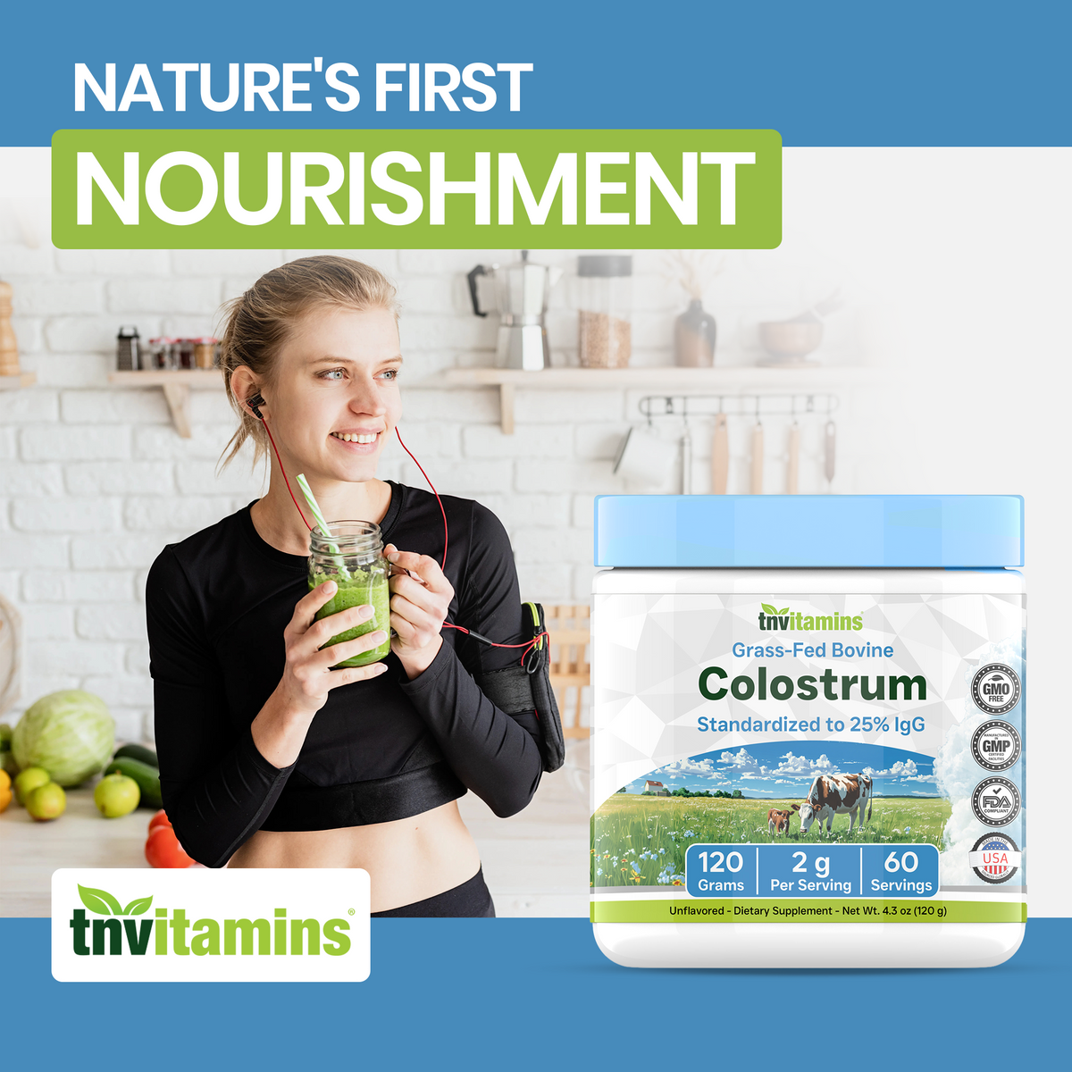 tnvitamins Colostrum Powder – 25% IgG | Grass-Fed Bovine Colostrum Supplement | Unflavored | 120g (4.3 oz) – 60 Servings | Non-GMO, No Additives