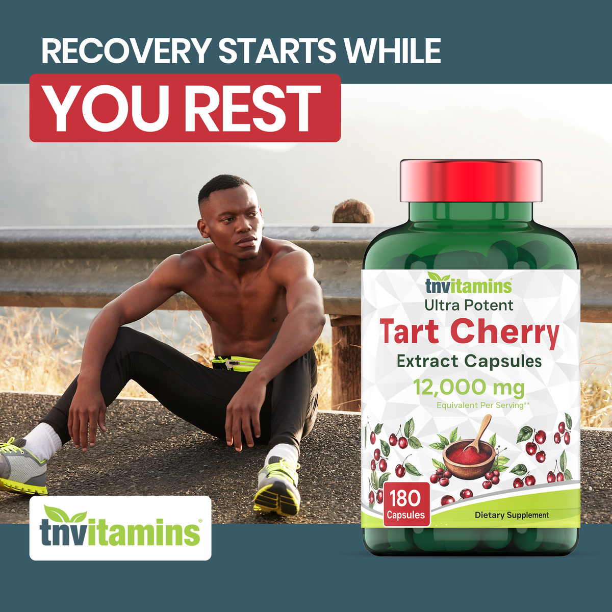 tnvitamins Tart Cherry Capsules 12,000 mg Per Serving - 180 Count | Ultra-Potent Tart Cherry Extract Capsules | Joint, Sleep, & Recovery Support* | High in Antioxidants | Non-GMO | Made in The USA!