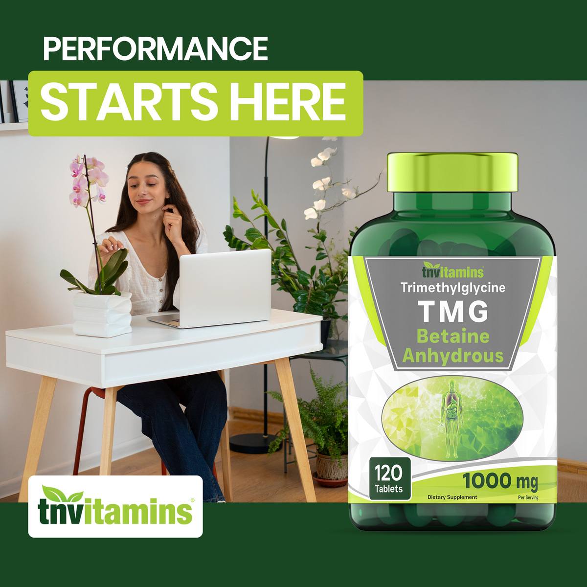 tnvitamins TMG Supplement 1000mg (Betaine Anhydrous) 120 Tablets | Better Than Betaine HCL* | Homocysteine Support* | Trimethylglycine | Non-GMO, Made in The USA!