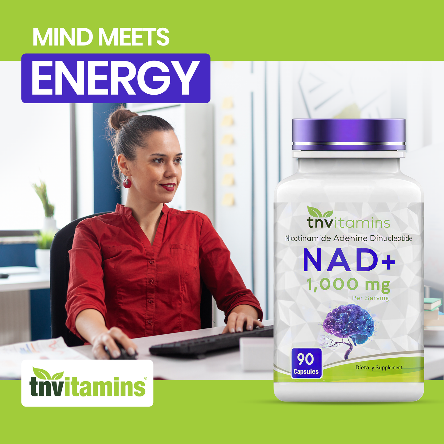 tnvitamins NAD+ Supplement 1,000 mg Per Serving - 90 Count | High Potency NAD Capsules | Nicotinamide Adenine Dinucleotide | NAD Plus Support for Energy & Vitality