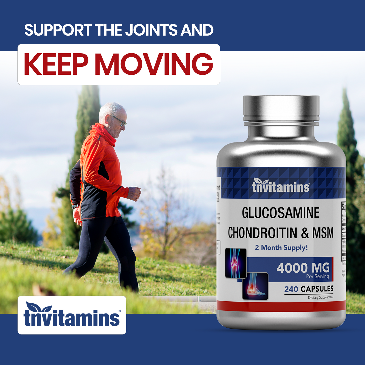 tnvitamins Glucosamine Chondroitin MSM Capsules, 240 Count | 4,000 mg Per Serving | 2,000 mg Glucosamine Sulfate 2KCl + MSM & Chondroitin | Joint Support Supplement