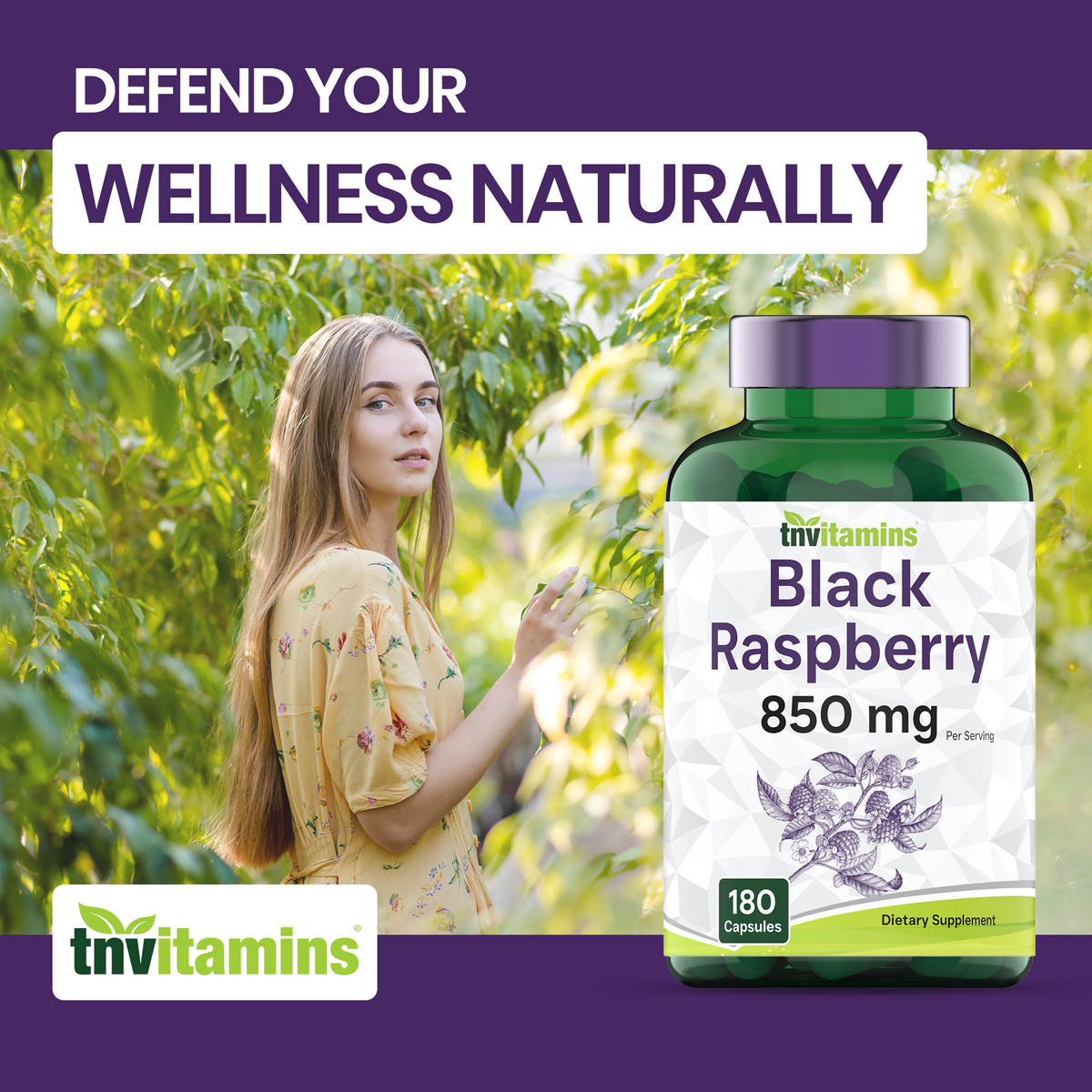 tnvitamins Black Raspberry Capsules 850mg Per Serving - 180 Capsules - 3 Month Supply! Powerful Antioxidant | May Support Your Cardiovascular & Immune Systems