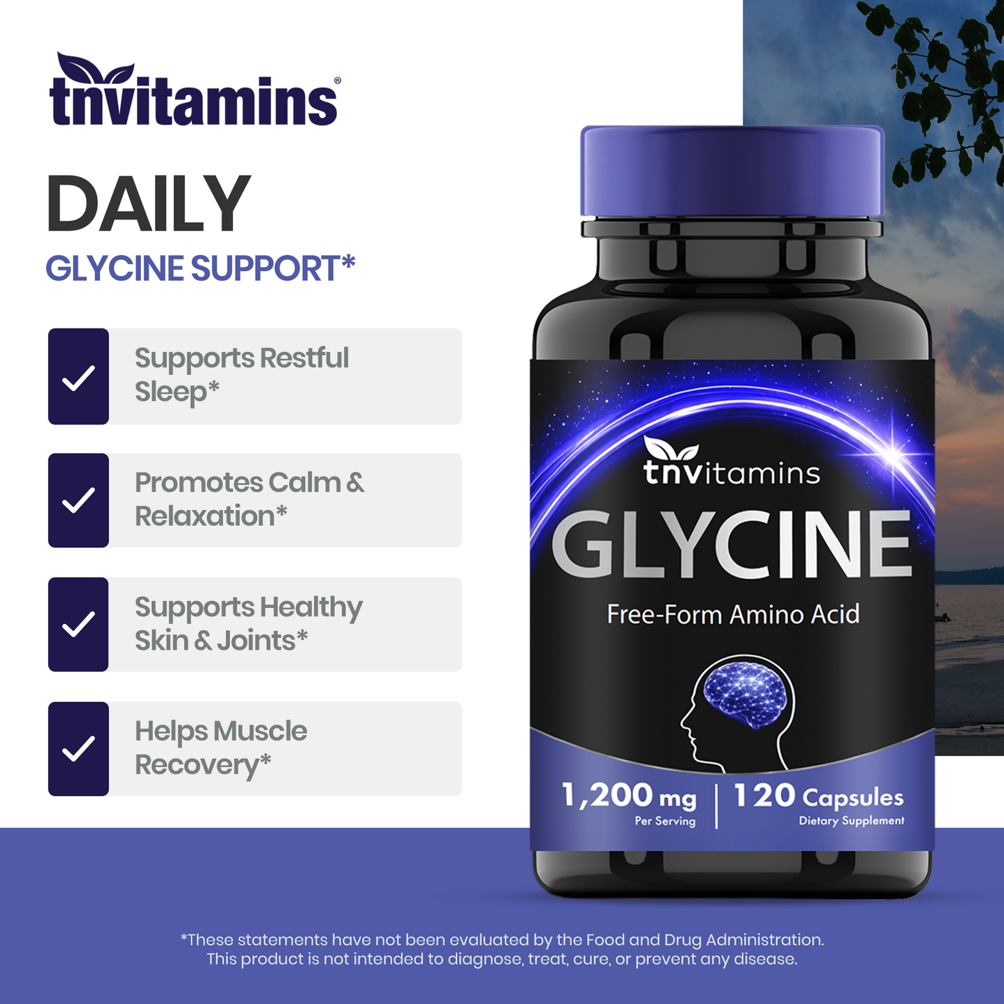 TNVitamins Glycine 1200mg Per Serving, Free Form Amino Acid Supplement, Supports Relaxation & Restful Sleep*, Glycine Capsules, 120 Capsules