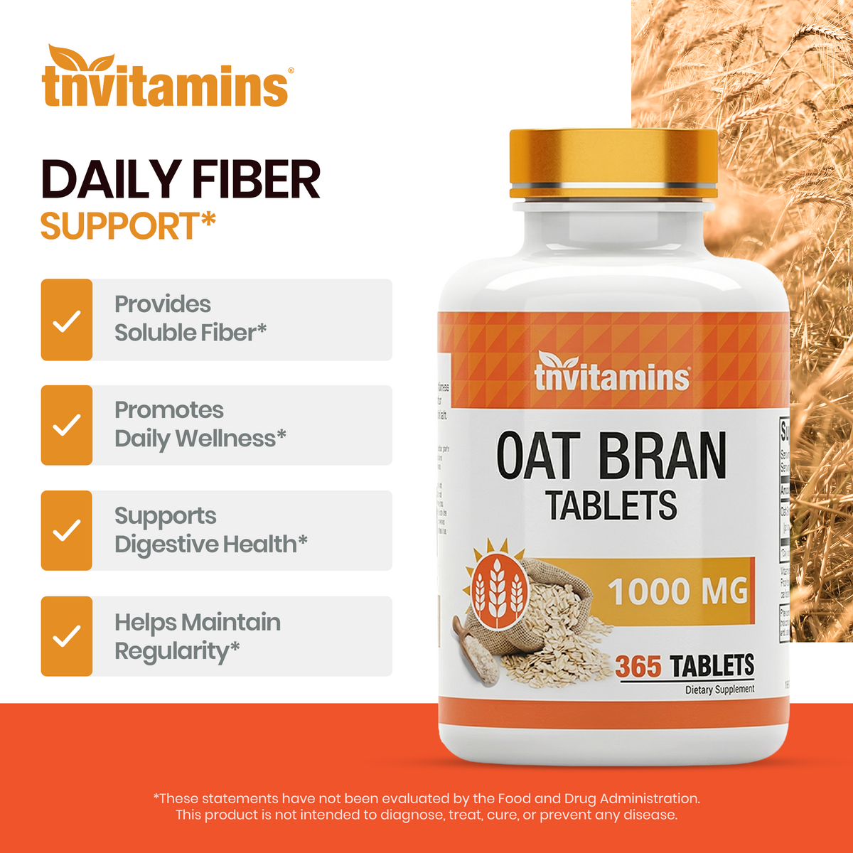 Oat Bran Tablets | 365 Tablets  -  1,000 MG per Tablet | Oat Fiber Tablets | Soluble & Dietary Fiber Supplement | May Support Digestive Health* | TNVitamins