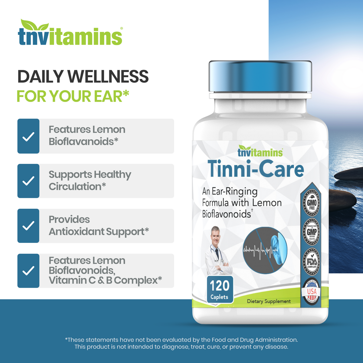 tnvitamins  **New Larger Size and New Label** Tinni-Care Lemon Bioflavaniod Supplement an Ear Ringing Relief Formula That May Help with Ringing Over Time | 120 Caplets - Vitamins C, B1, B2, B6 & B12