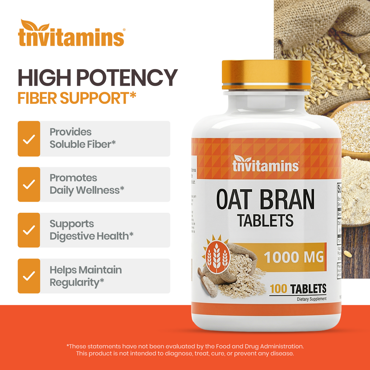 Oat Bran Tablets | 100 Tablets  -  1,000 MG per Tablet | Oat Fiber Tablets | Soluble & Dietary Fiber Supplement | Supports Digestive Health * | High Potency Formula