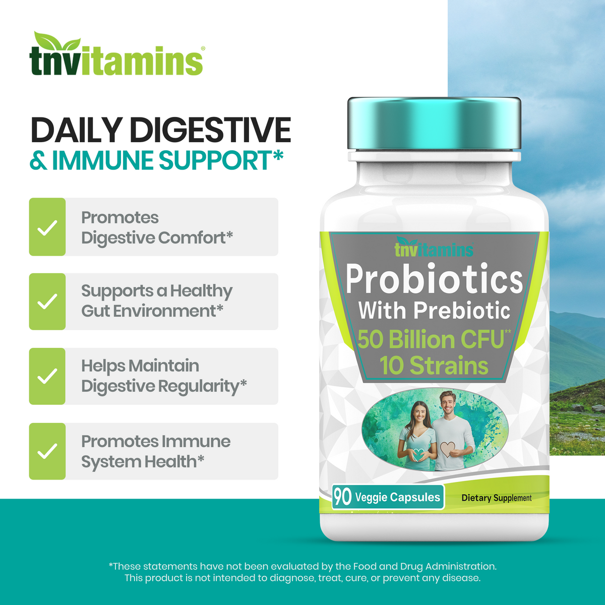 Probiotics with Prebiotic: 50 Billion CFU - 10 Strain - 90 Vegetarian Capsules | with Acidophilus Probiotic for Digestive Health, Gut Health, & Immune Support* | for Men & Women