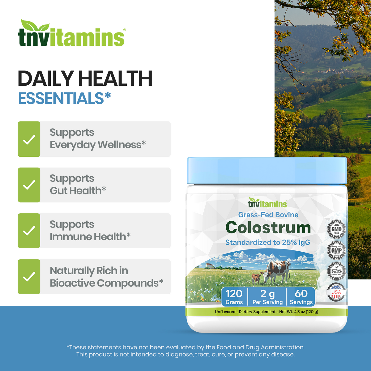 tnvitamins Colostrum Powder – 25% IgG | Grass-Fed Bovine Colostrum Supplement | Unflavored | 120g (4.3 oz) – 60 Servings | Non-GMO, No Additives