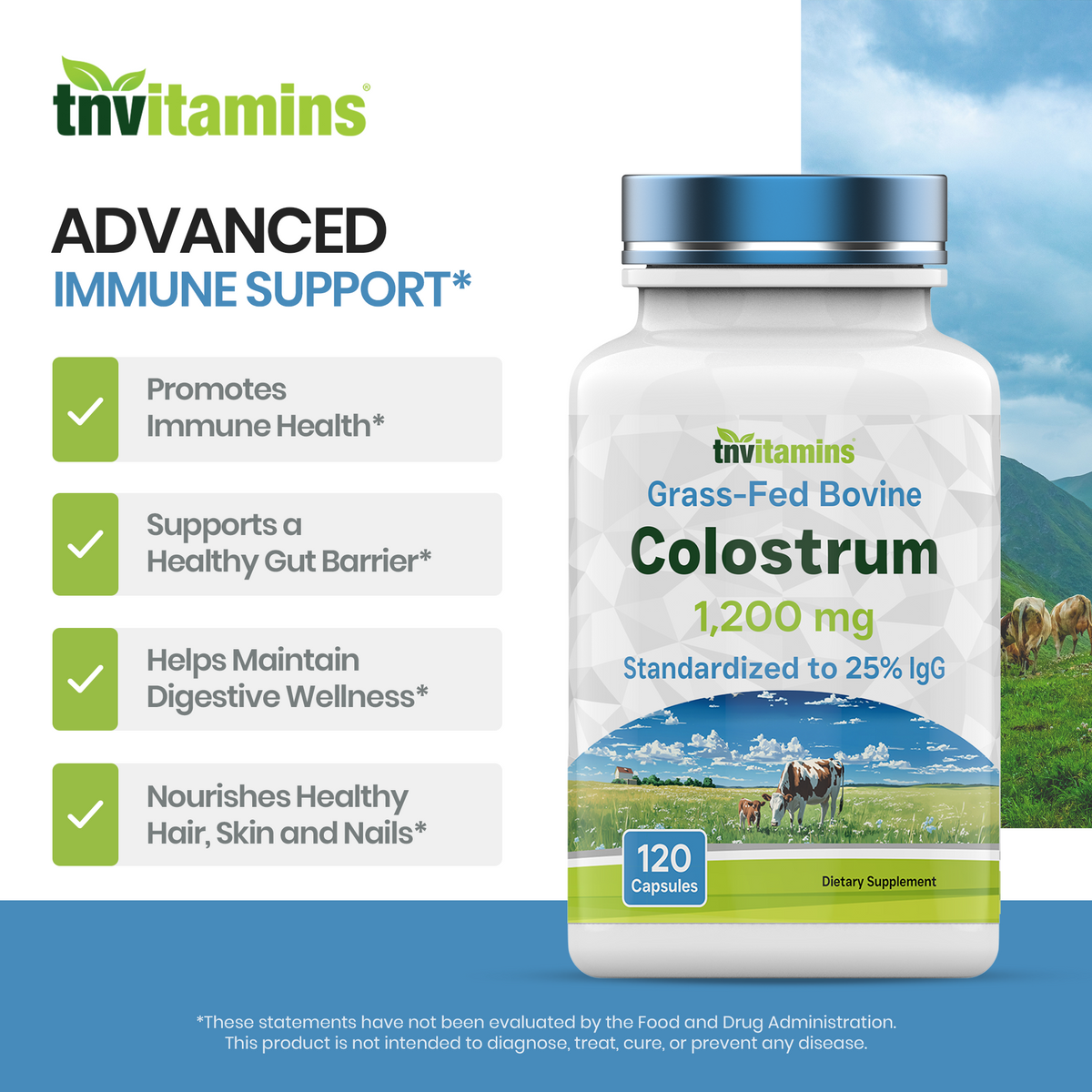 Colostrum Supplement 1,200 mg Per Serving, 120 Capsules | Standardized to 25% IgG (Immunoglobulin G) | Grass-Fed Bovine Colostrum Powder Caps | Immune Support Supplement | Non-GMO, Made in the USA!