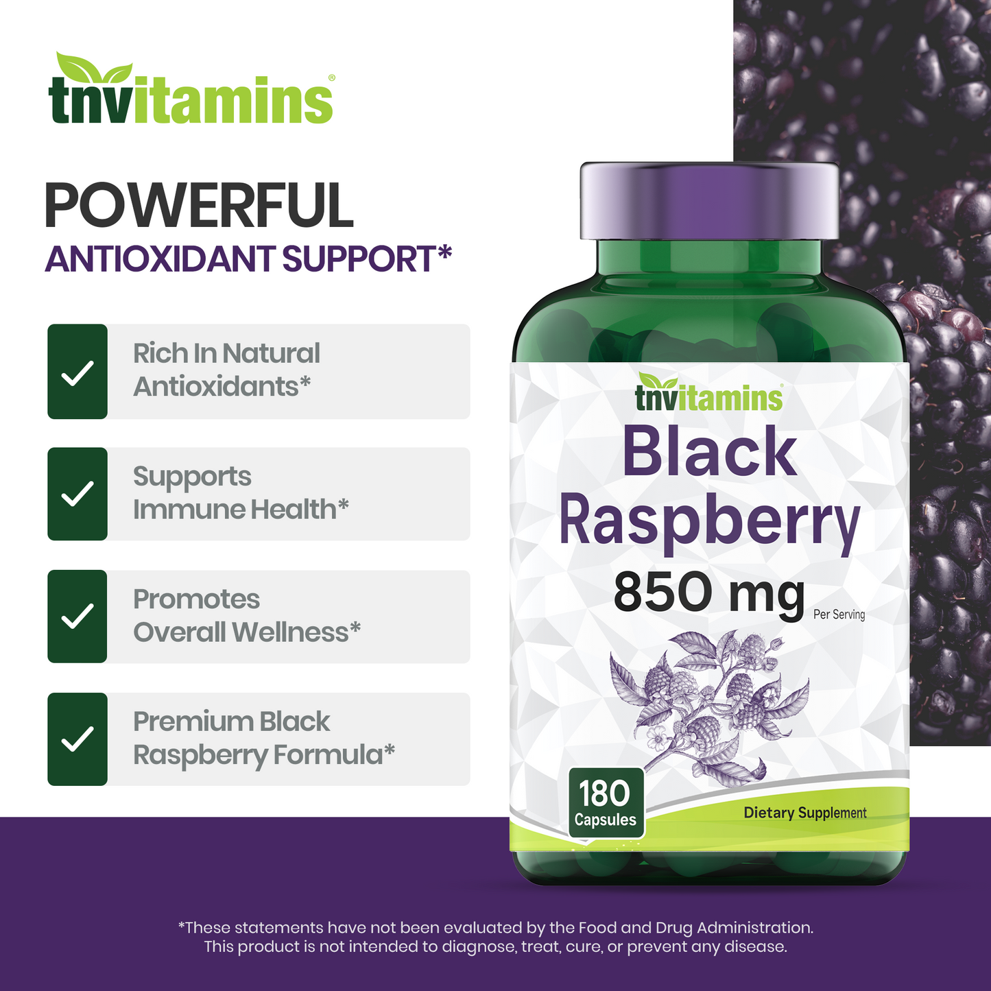 tnvitamins Black Raspberry Capsules 850mg Per Serving - 180 Capsules - 3 Month Supply! Powerful Antioxidant | May Support Your Cardiovascular & Immune Systems