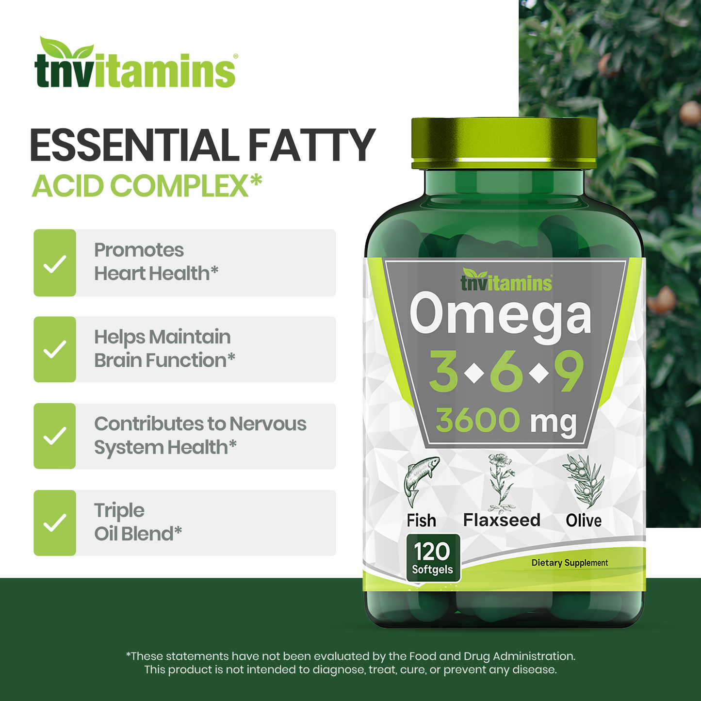 Triple Omega 3◆ 6◆ 9: 3600mg  - 120 Softgels | Omega Essential Fatty Acids from Fish Oil (EPA & DHA), Flaxseed Oil (ALA & LA), & Olive Oil (OA) | Omega 3-6-9 Supplement for Women & Men | Non-GMO