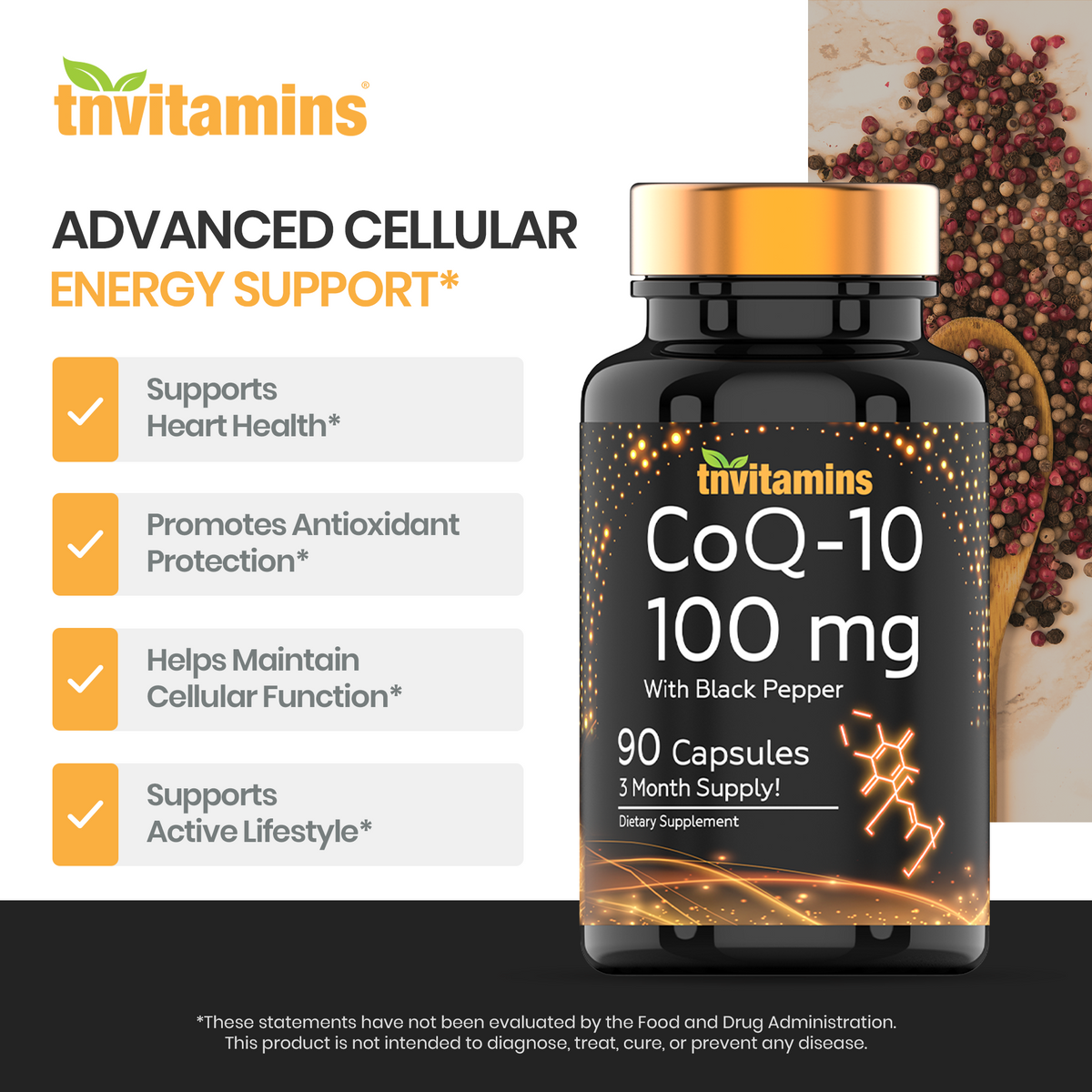 tnvitamins CoQ-10 100mg - 90 Capsules with Black Pepper Extract | Maximum Absorption Rapid Release Capsules | Coenzyme Q-10 Supplement | Powerful Free Radical Fighting Antioxidant