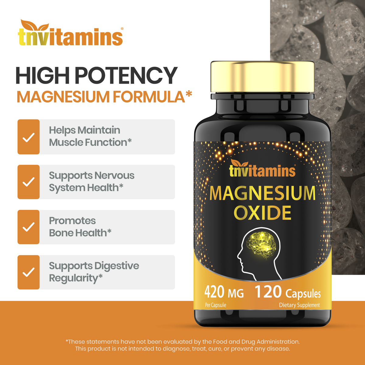 tnvitamins Magnesium Oxide 420mg - 120 Capsules | 4 Month Supply! | 100% Daily Value of Magnesium Oxide in One Capsule | Oxido de Magnesio | Non-GMO, Made in The USA