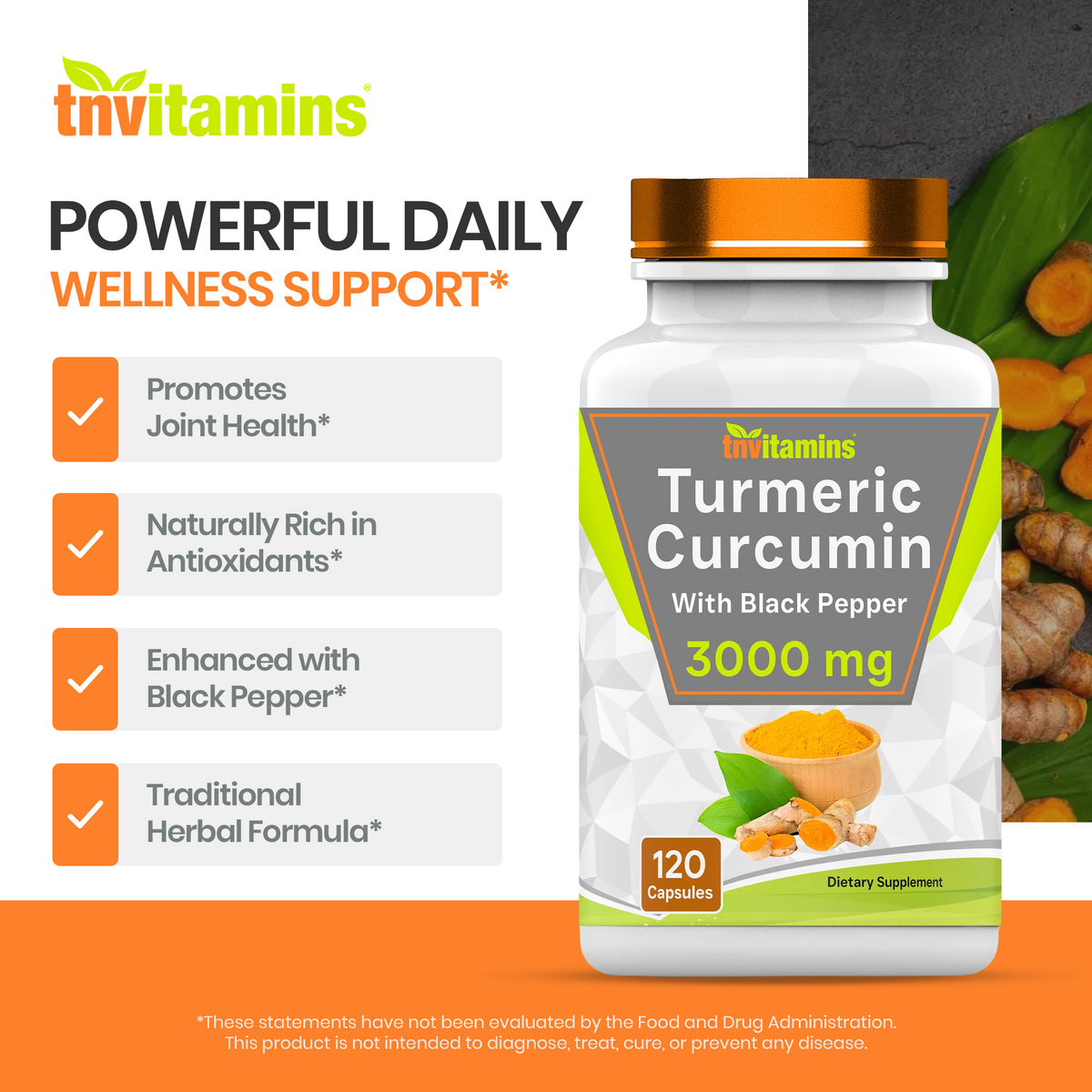 Turmeric Curcumin Capsules with Black Pepper | 3000 MG - 120 Capsules | Extra Strength Golden Turmeric Curcumin Supplement | Non-GMO | Produced in The USA | TNVitamins