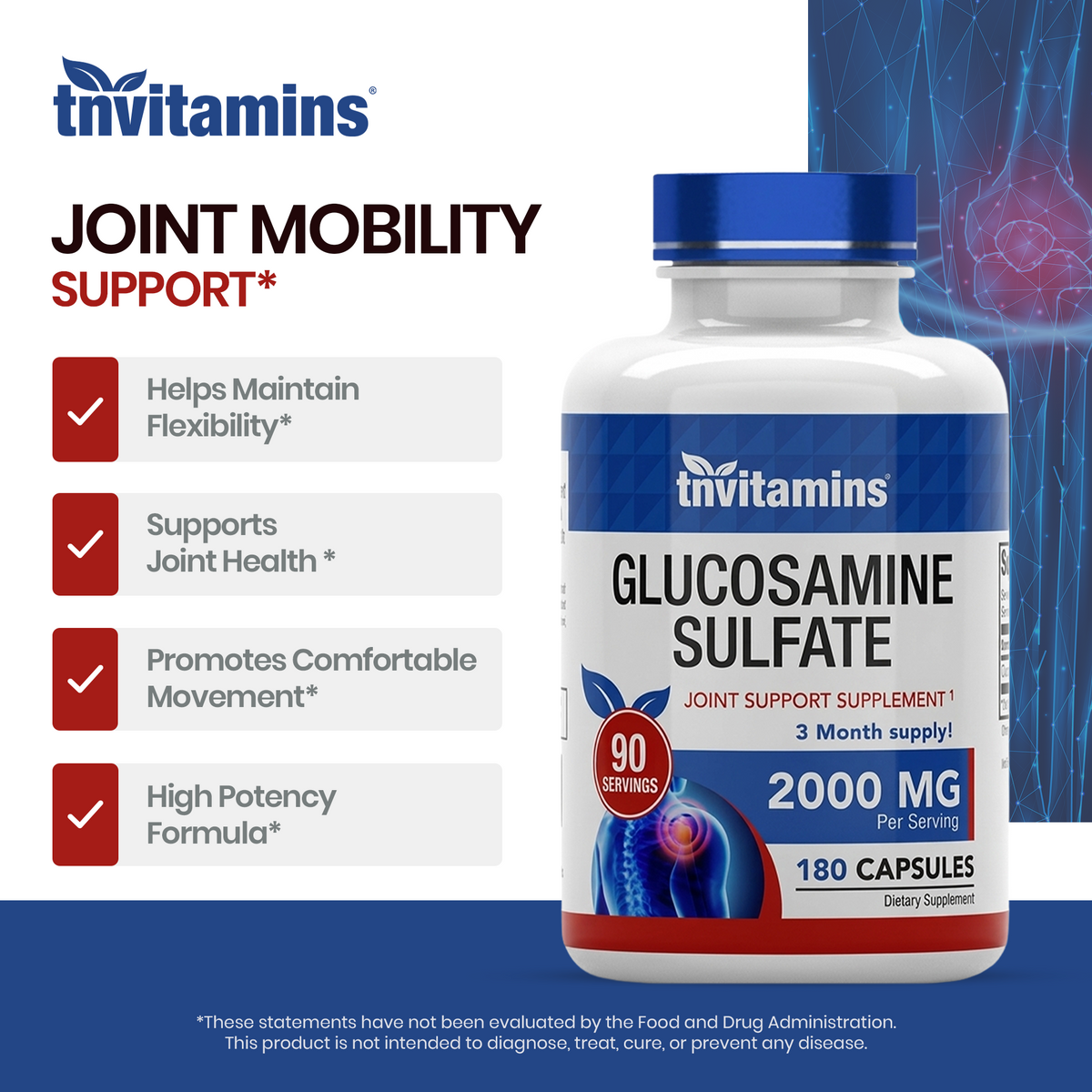 Glucosamine Sulfate Capsules 2000 MG (180 Count) | Joint Support* Supplement for Women & Men | Produced in The USA | Promotes Flexibility & Mobility* | by TNVitamins