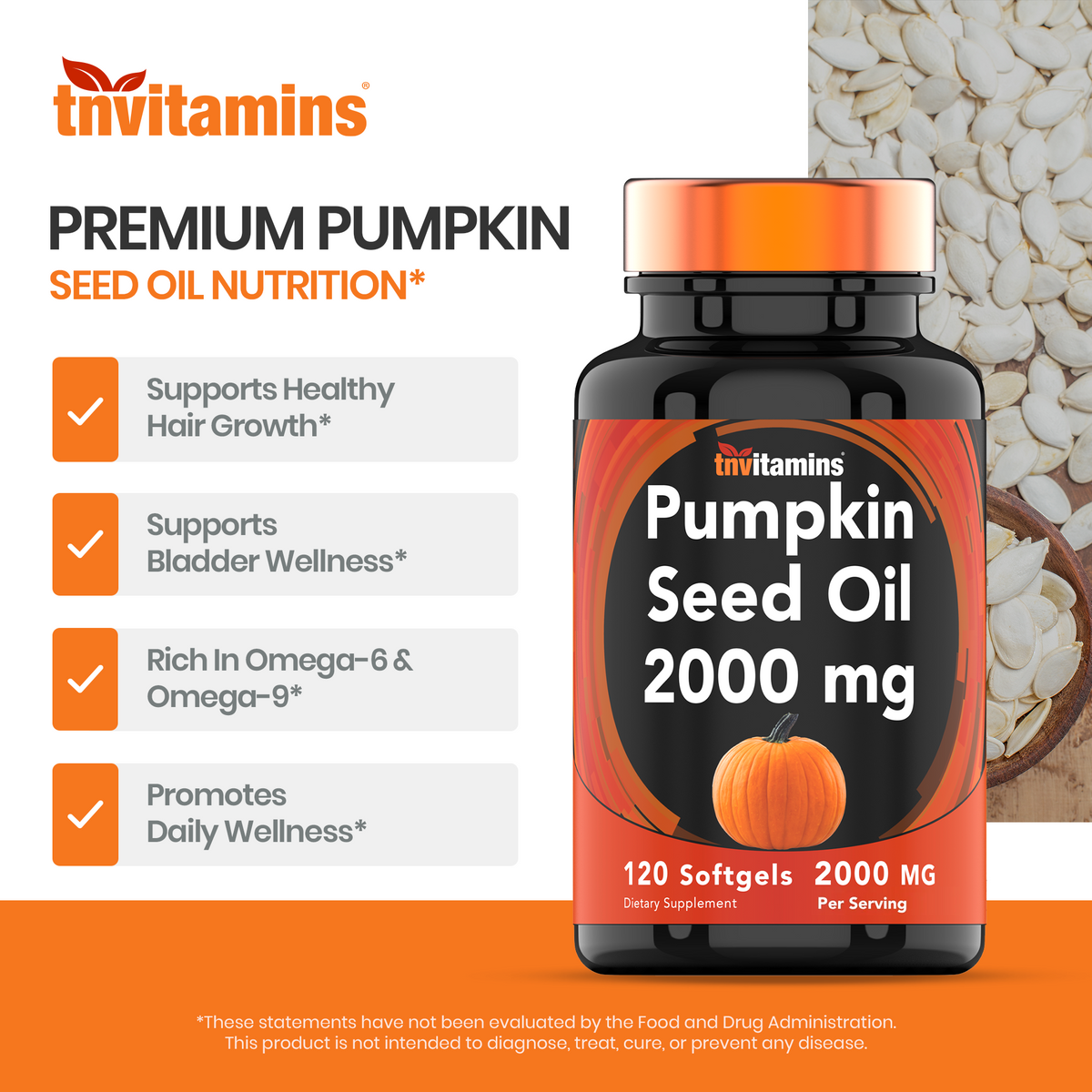 tnvitamins Pumpkin Seed Oil - 2000 mg Per Serving -  120 Softgels | Pumpkin Seed Oil for Hair Growth* | Pumpkin Seed Oil Extract Supplement for Bladder Control* | Non-GMO