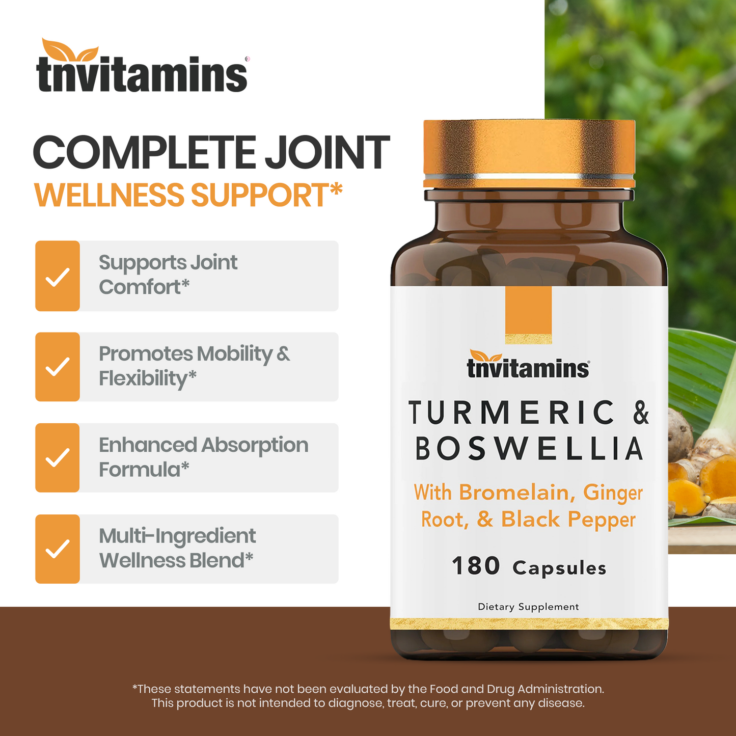 tnvitamins Turmeric & Boswellia Complex (180 Capsules) with Ginger Root , Bromelain, & Black Pepper Extract | Joint-Ease Formula: Powerful Joint Support Supplement* | Produced in The USA