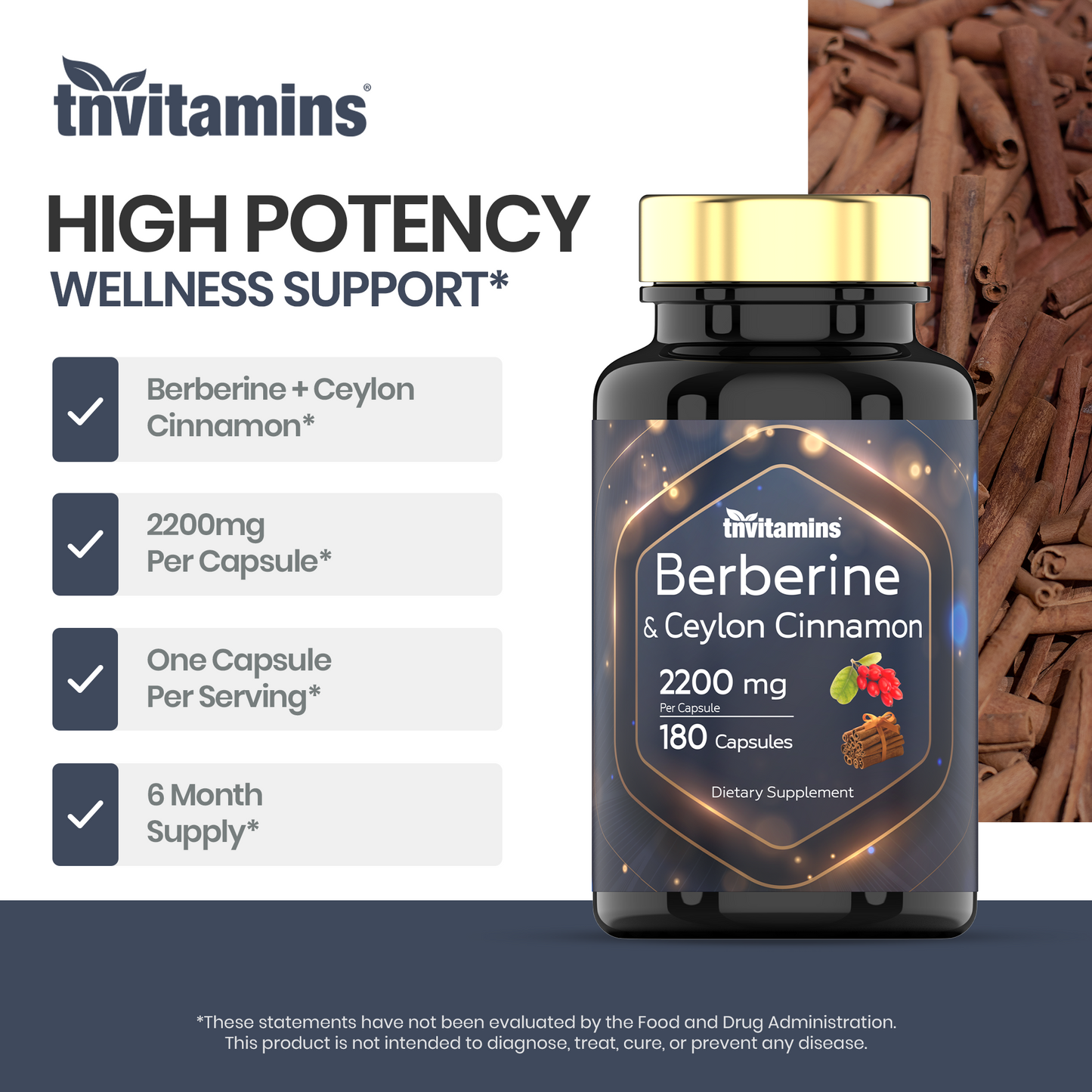 tnvitamins Berberine with Ceylon Cinnamon: 2200 mg Per Capsule - 180 Capsules | 6 Month Supply