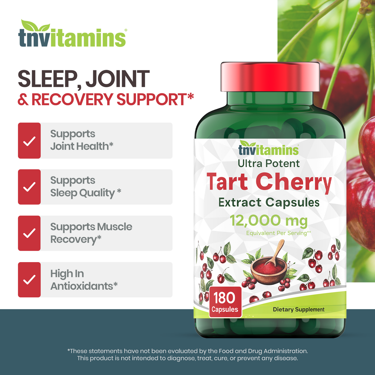 tnvitamins Tart Cherry Capsules 12,000 mg Per Serving - 180 Count | Ultra-Potent Tart Cherry Extract Capsules | Joint, Sleep, & Recovery Support* | High in Antioxidants | Non-GMO | Made in The USA!