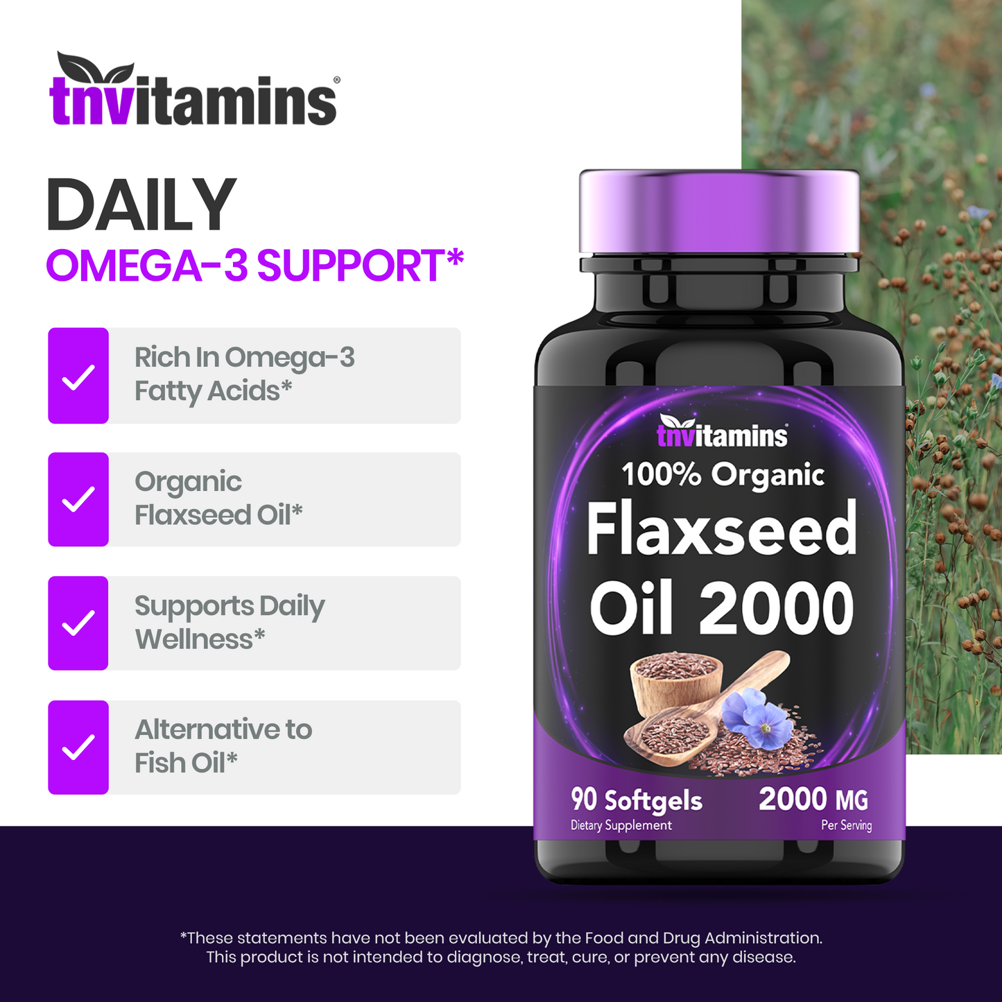 tnvitamins Organic Flaxseed Oil Softgels: 2000 mg  - 90 Softgels | High in Omega-3 Fatty Acids | Flaxseed Oil Supplement for Women & Men | Non-GMO