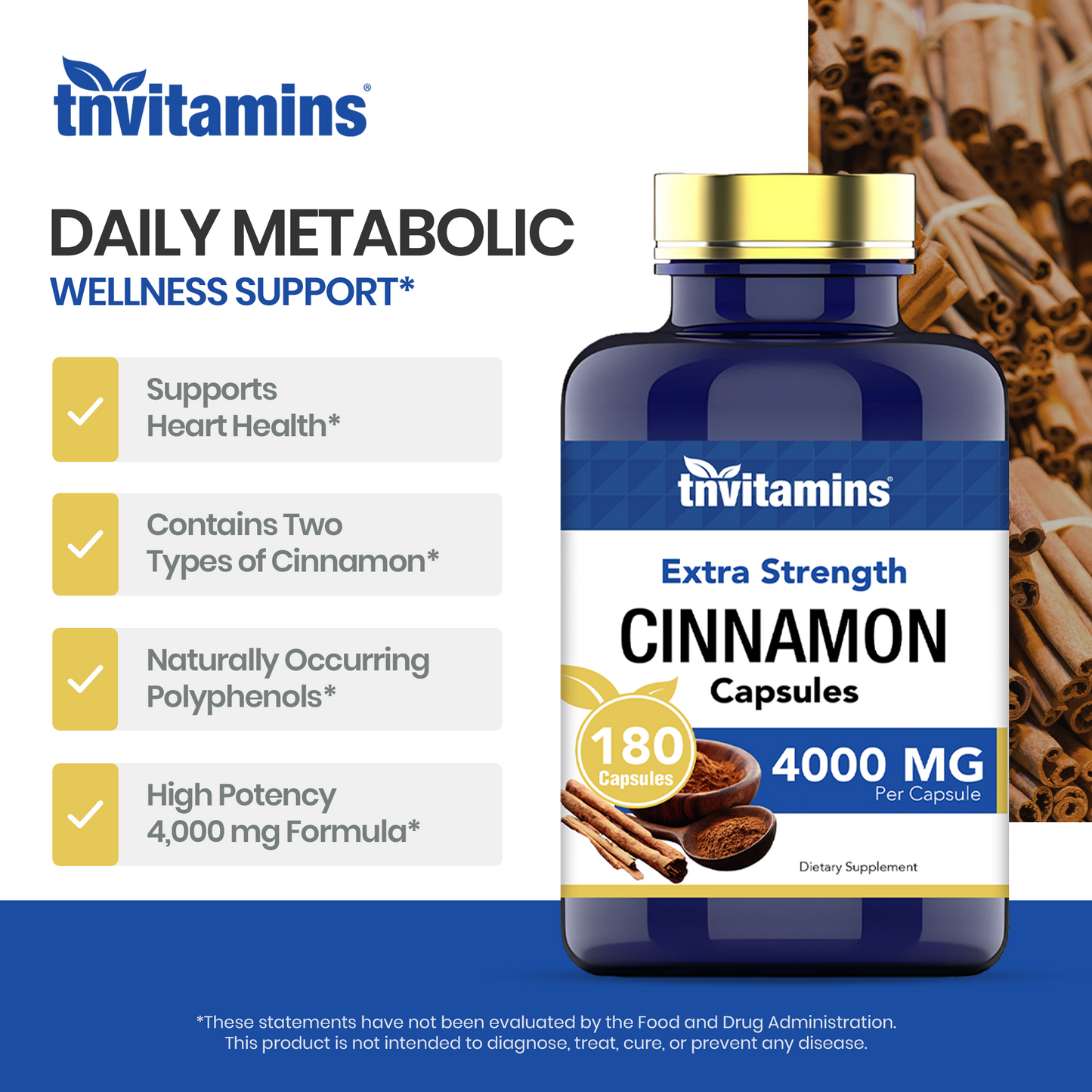 Cinnamon Capsules 4000 MG - 180 Capsules | Ceylon Cinnamon & Cassia Cinnamon Pills | Blood Sugar Support Supplement* | Extra Strength Cinnamon Bark Extract | Cinnamon Complex | by TNVitamins