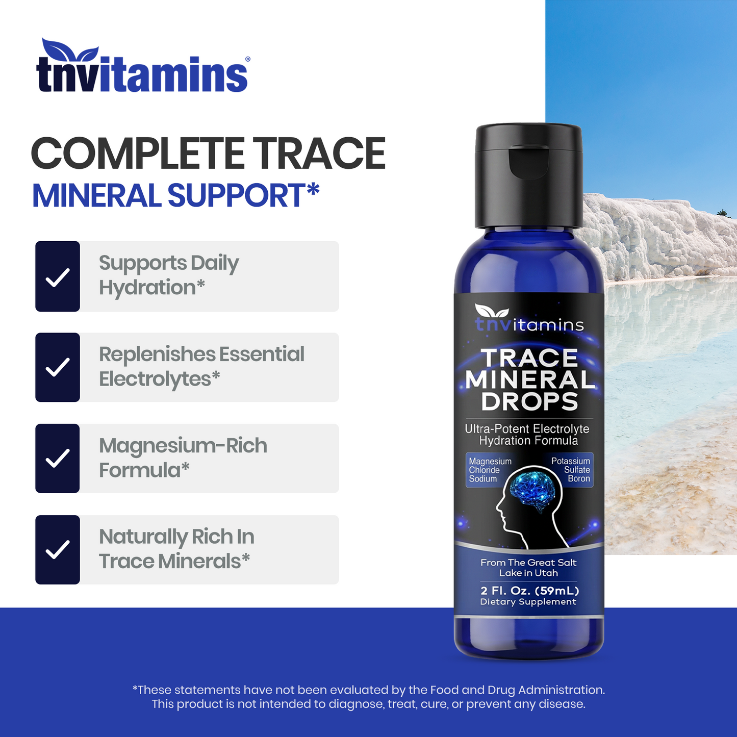 TNVitamins Trace Mineral Drops: Ultra Potent Electrolyte Hydration Formula | 2 Fl. Oz - 1 Month Supply | From the Great Salt Lake in Utah