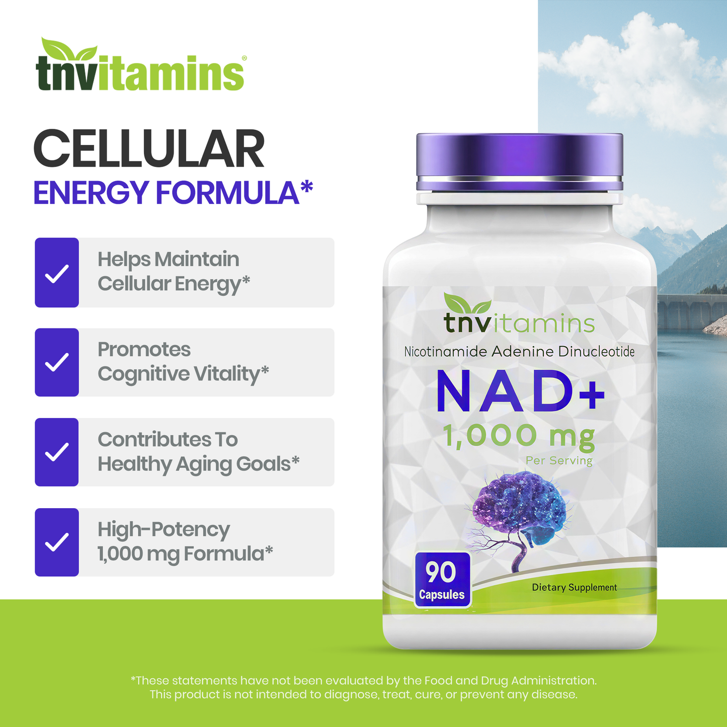 tnvitamins NAD+ Supplement 1,000 mg Per Serving - 90 Count | High Potency NAD Capsules | Nicotinamide Adenine Dinucleotide | NAD Plus Support for Energy & Vitality