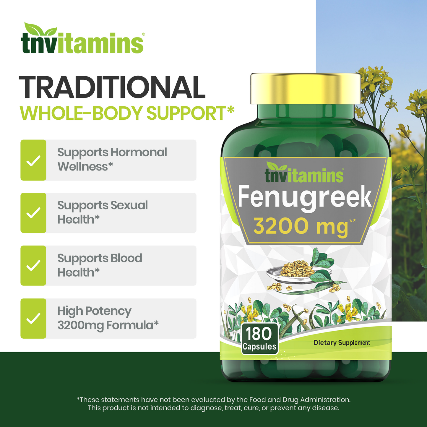 tnvitamins Fenugreek Capsules: 3200 mg - 180 Capsules | Fenugreek Supplement for Men & Women | Fenugreek Seed Powder Extract | Non-GMO | Made in The USA!