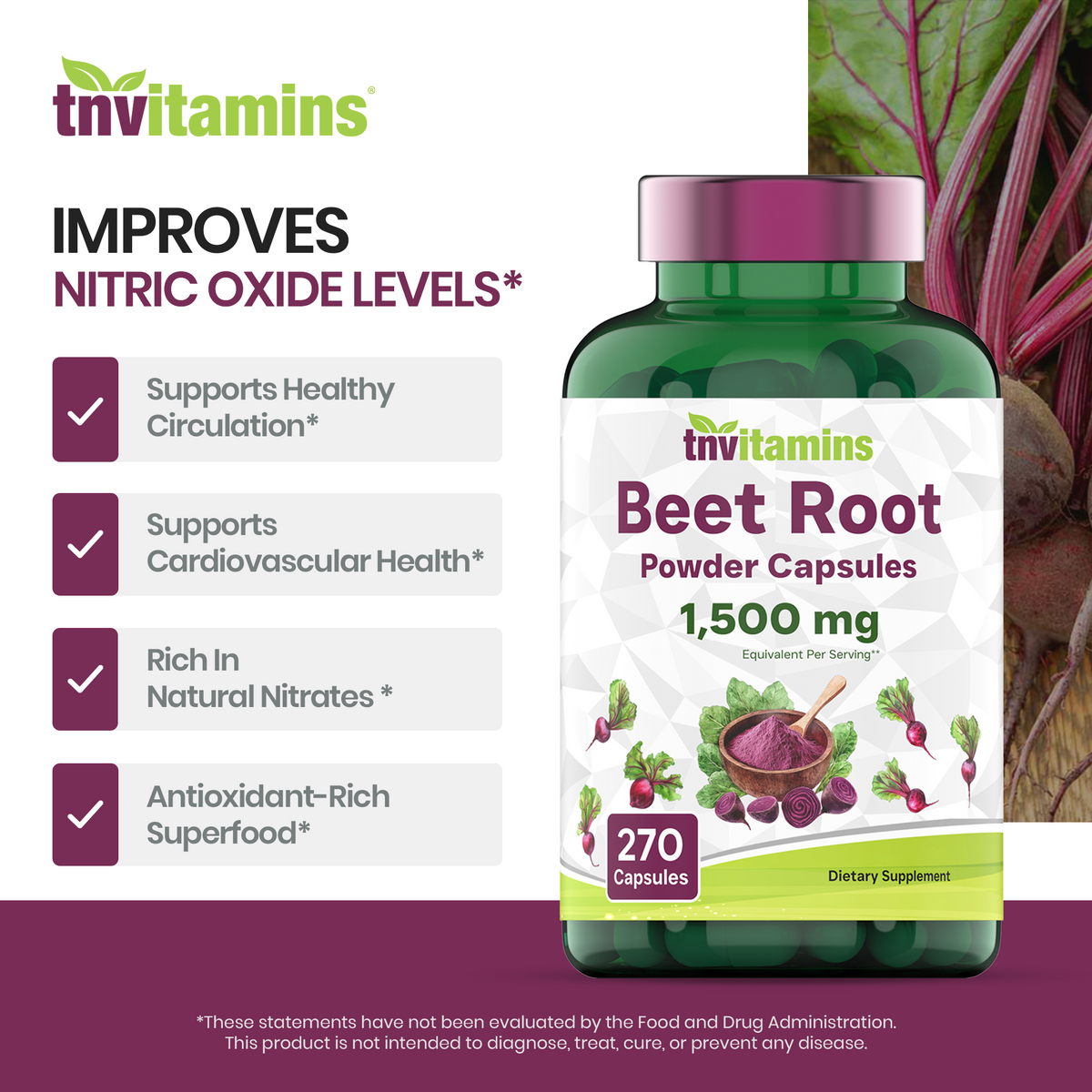 tnvitamins Beet Root Capsules 15,00 Mg Per Serving - 270 Capsules | Beet Root Powder Extract | Non-GMO & Gluten-Free | Produced in The USA