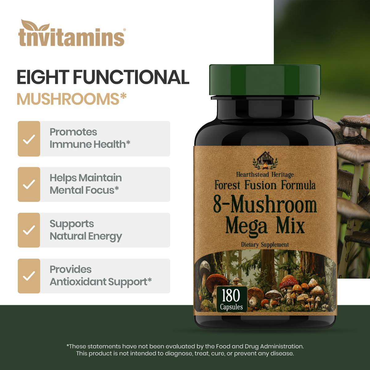 8 Mushroom Complex - 180 Capsules - Lion’s Mane, Reishi, Chaga, Cordyceps & Turkey Tail - Natural Immune, Focus & Energy* Support Supplement for Men & Women