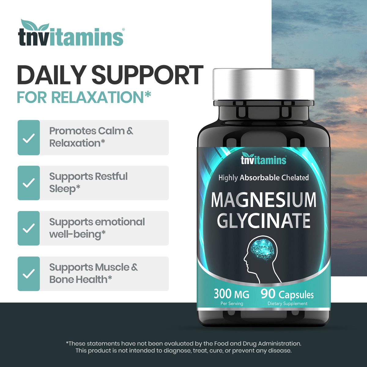 Magnesium Glycinate Capsules (300 MG Per Serving - 90 Count) | Pure Chelated Magnesium Bisglycinate Powder Supplement | Glicinato de Magnesio | for Sleep, Calm, Nerve, & Stress Support* | TNVitamins