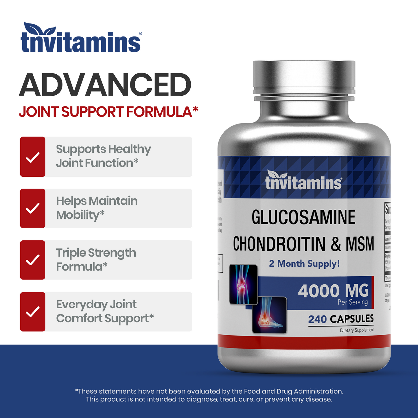 tnvitamins Glucosamine Chondroitin MSM Capsules, 240 Count | 4,000 mg Per Serving | 2,000 mg Glucosamine Sulfate 2KCl + MSM & Chondroitin | Joint Support Supplement