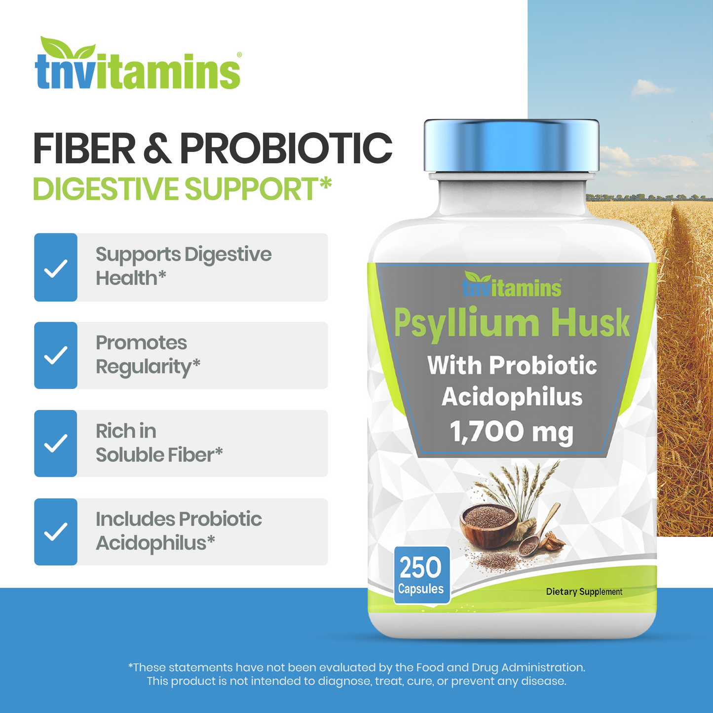 Psyllium Husk Capsules | 1700 MG - 250 Capsules | with Probiotic Acidophilus | Extra Strength Soluble & Dietary Fiber Supplement | Supports Digestive Health | by TNVitamins