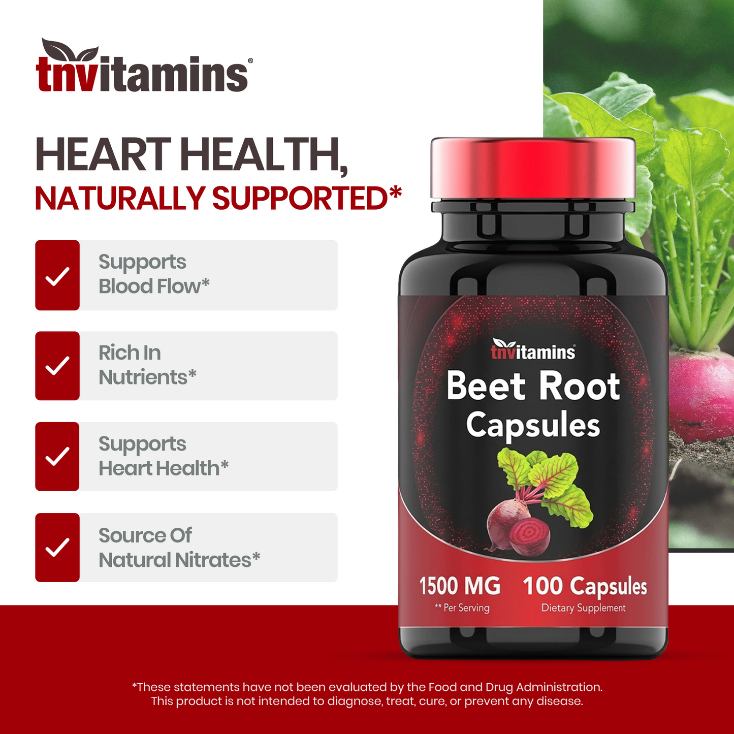 Beet Root Capsules | 1500 Mg - 100 Capsules | Beet Root Powder Extract Capsules | Supports Cardiovascular & Heart Health* | Non-GMO & Gluten-Free | Produced in the USA | TNVitamins