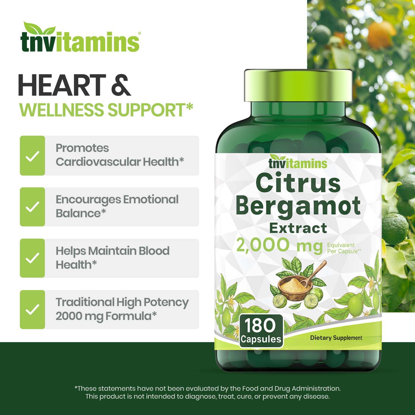 tnvitamins Citrus Bergamot 2000mg - 180 Capsules | Ultra Potent Citrus Bergamot Supplement 2000 mg Per 1 Capsule Serving | 6 Month Supply! | Non-GMO | Made in The USA!