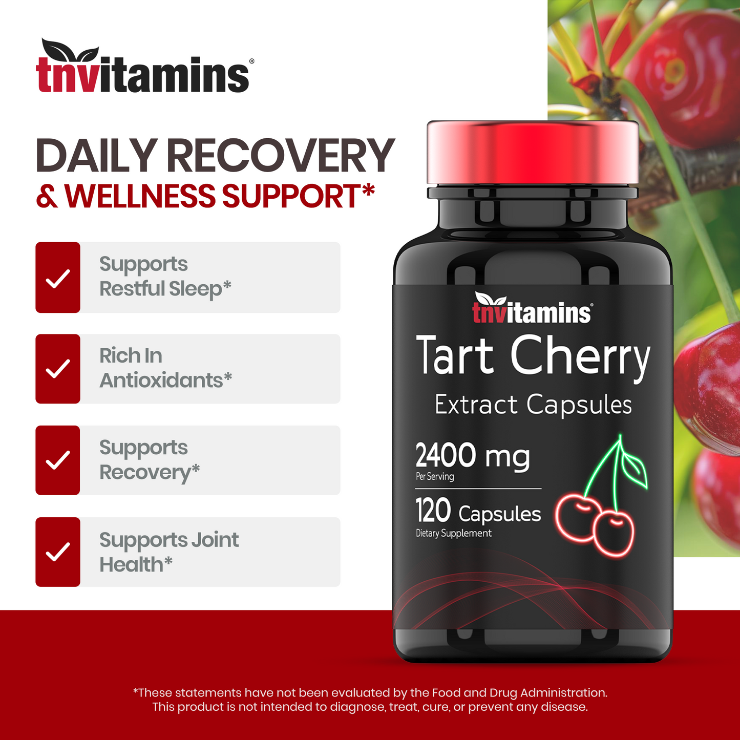 Tart Cherry Extract Capsules (2400 MG - 120 Count) | from Montmorency Tart Cherries | Provides Antioxidants, Anthocyanins, & Phytonutrients | Non-GMO