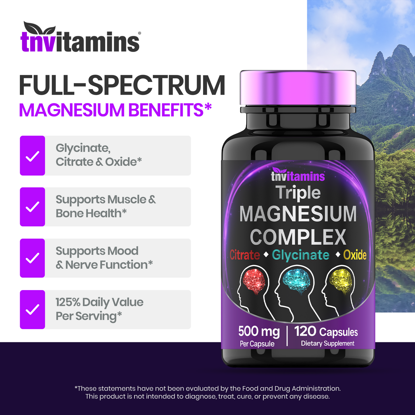 Triple Magnesium Complex Supplement 500mg: Magnesium Glycinate, Citrate, & Oxide - 120 Capsules (4 Month Supply!) | 1 Capsule Serving Provides 125% Daily Value | Non-GMO, Made in The USA!