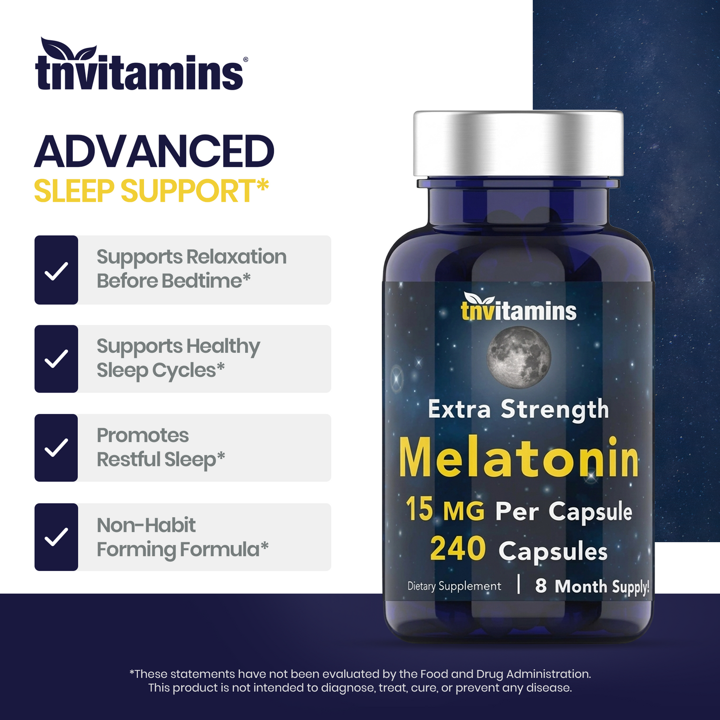 tnvitamins Melatonin 15 MG Per Capsule (240 Capsules) | All-Natural Sleeping Pills for Adults | Extra Strength Melatonin | Nighttime Sleep Aid | Natural Sleep Support Supplement