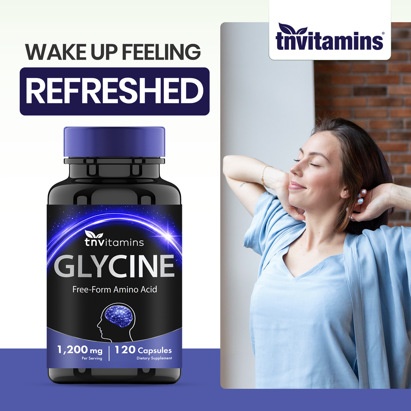 TNVitamins Glycine 1200mg Per Serving, Free Form Amino Acid Supplement, Supports Relaxation & Restful Sleep*, Glycine Capsules, 120 Capsules