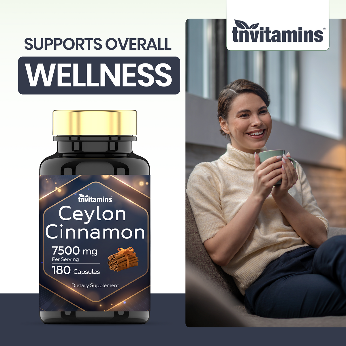 tnvitamins Ceylon Cinnamon Capsules 7500mg Per Serving - 180 Capsules | High Potency Ceylon Cinnamon Powder Pills for Women & Men