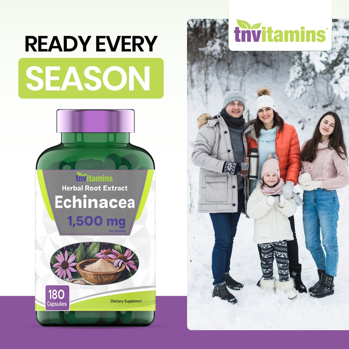 Echinacea Capsules (1500 MG  - 180 Capsules) | Supports Health & Well-Being | Echinacea Root Herbal Extract Supplement | Produced in The USA | TNVitamins