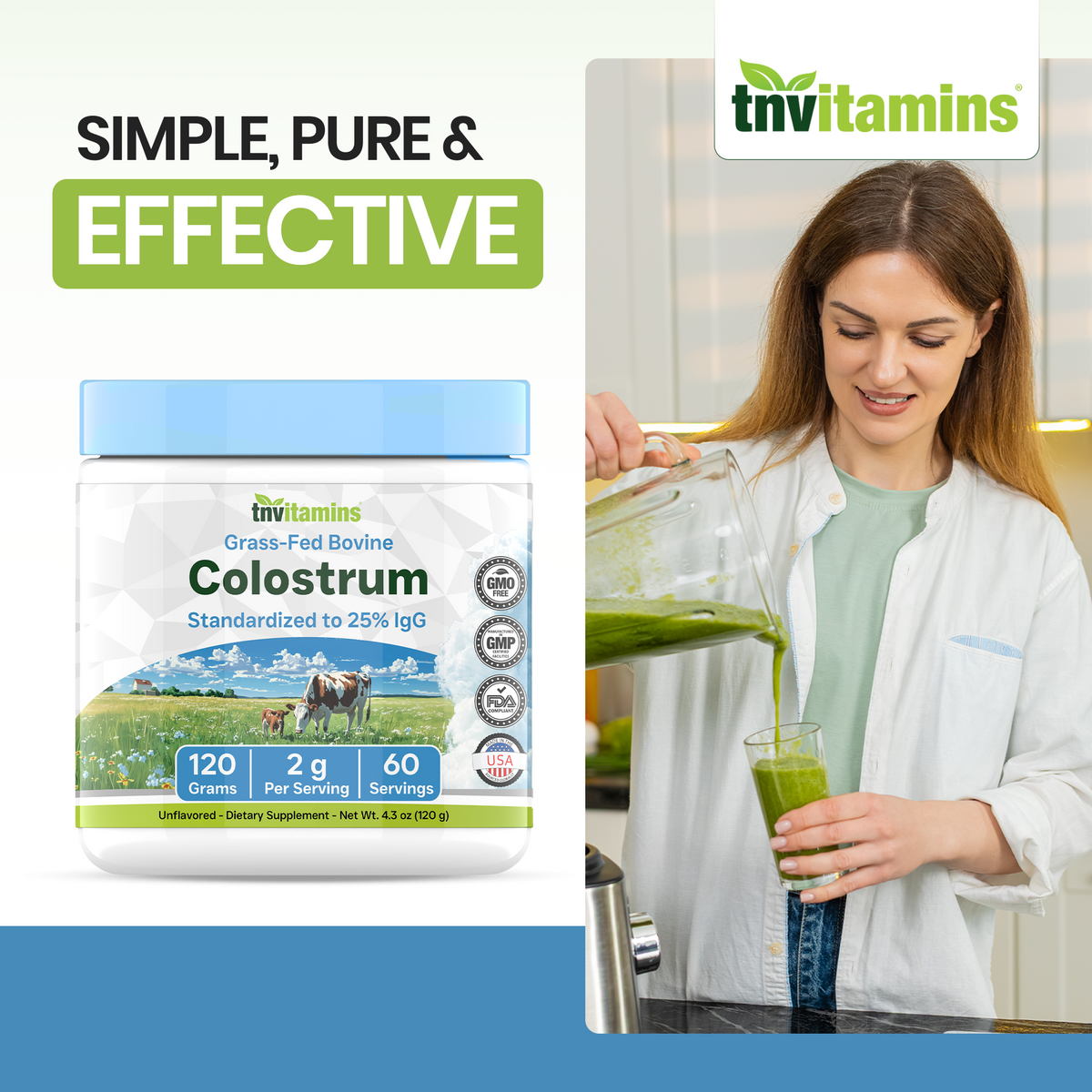 tnvitamins Colostrum Powder – 25% IgG | Grass-Fed Bovine Colostrum Supplement | Unflavored | 120g (4.3 oz) – 60 Servings | Non-GMO, No Additives