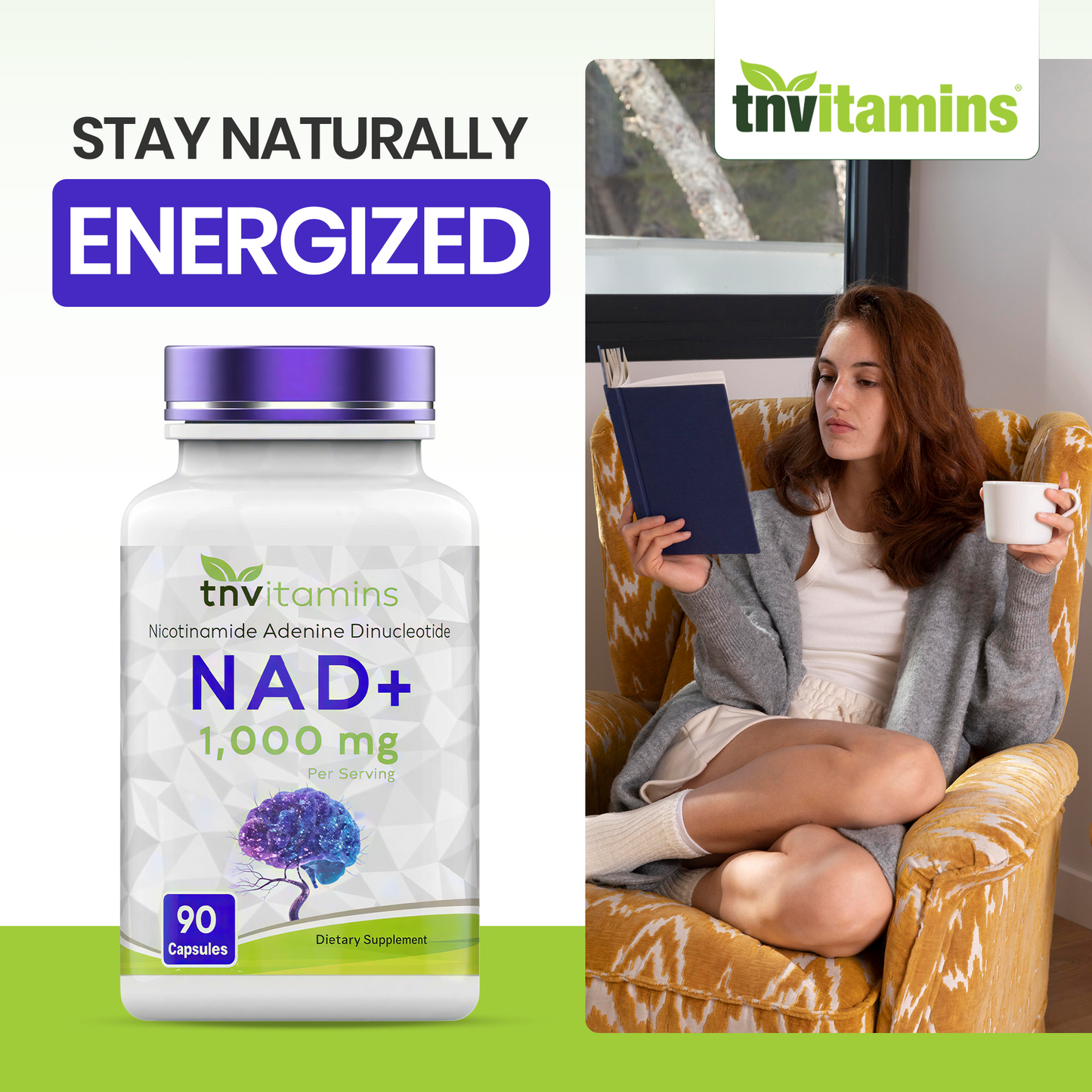 tnvitamins NAD+ Supplement 1,000 mg Per Serving - 90 Count | High Potency NAD Capsules | Nicotinamide Adenine Dinucleotide | NAD Plus Support for Energy & Vitality